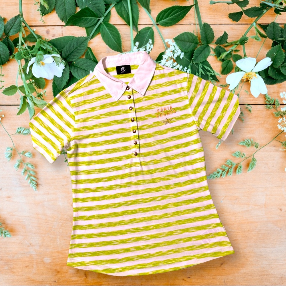 Sonia Bogner Short-Sleeve Unisex Polo; White & Lime Green Stripe